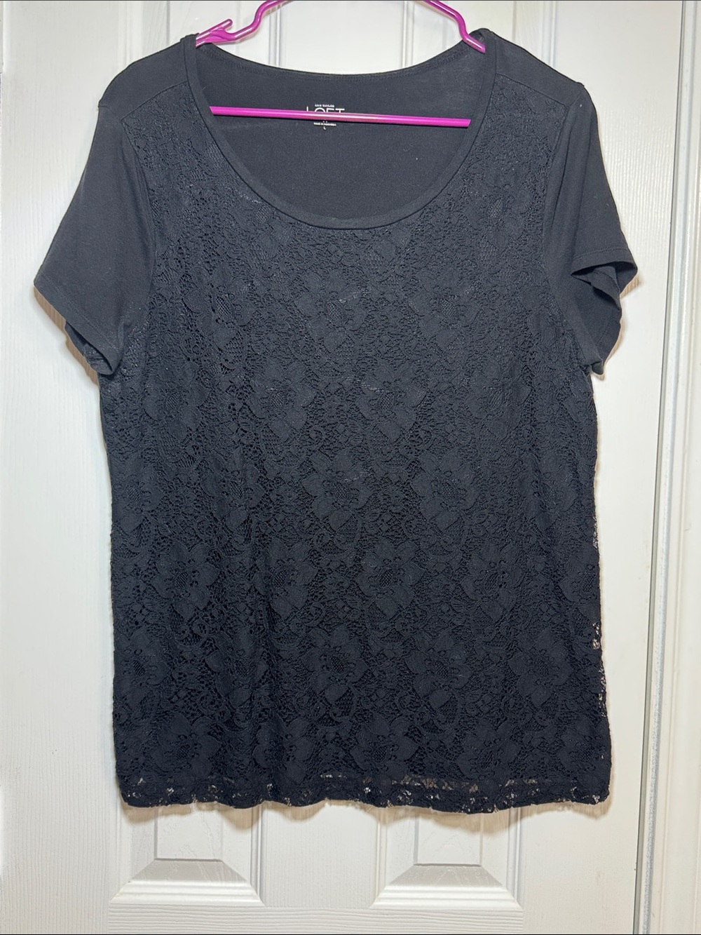 LOFT Black Lace Front Short Sleeve Tee